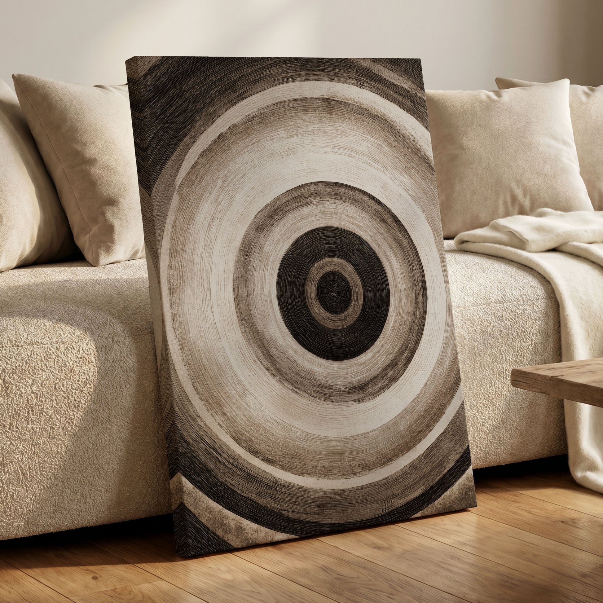Concentric Stillness, black, brown, beige abstract wall art displayed in a styled interior, gallery view 7