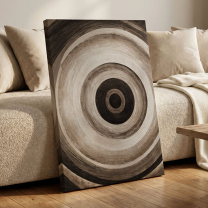 Concentric Stillness, black, brown, beige abstract wall art displayed in a styled interior, gallery view 7