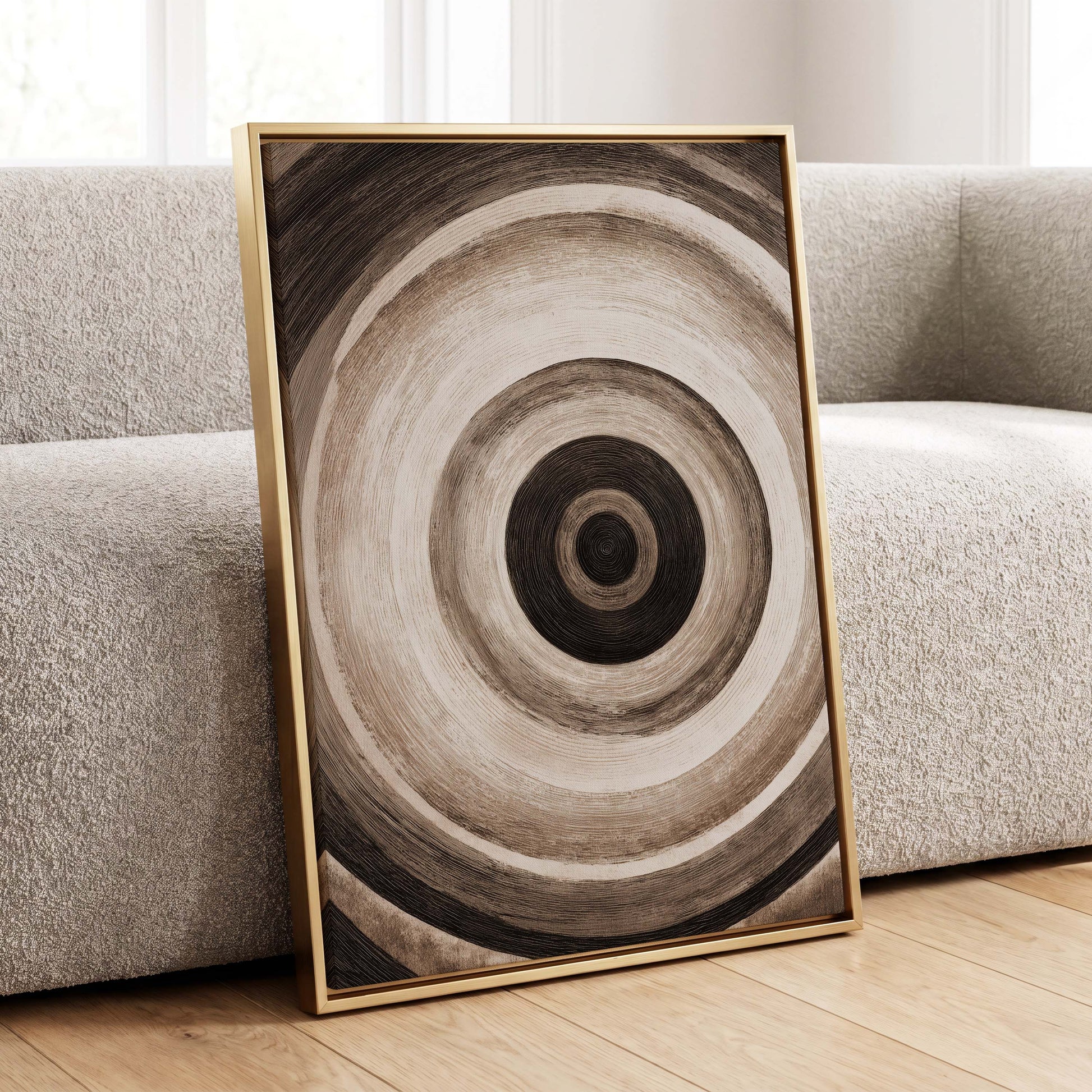 Concentric Stillness, black, brown, beige abstract wall art displayed in a styled interior, gallery view 8