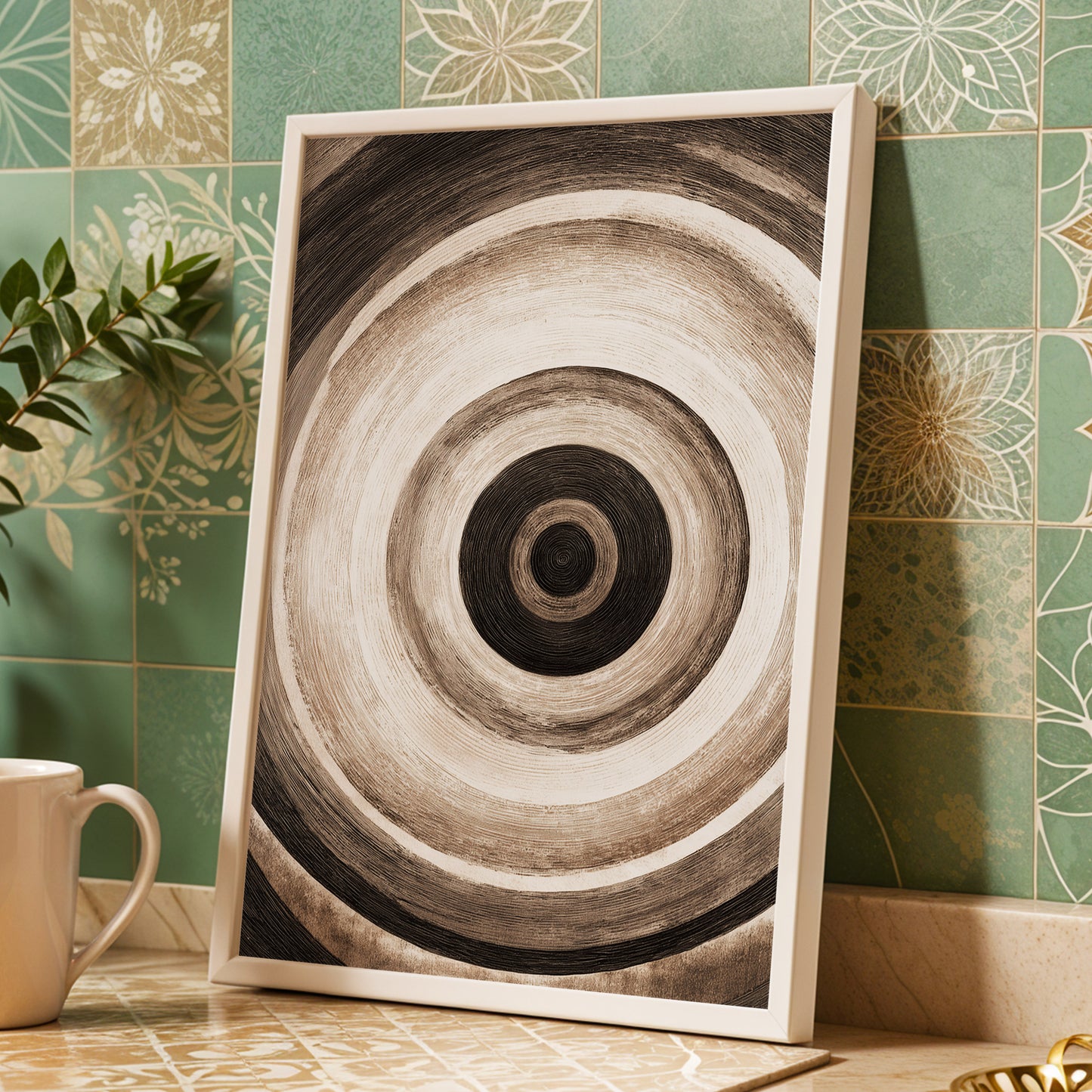 Concentric Stillness, black, brown, beige abstract wall art displayed in a styled interior, gallery view 9