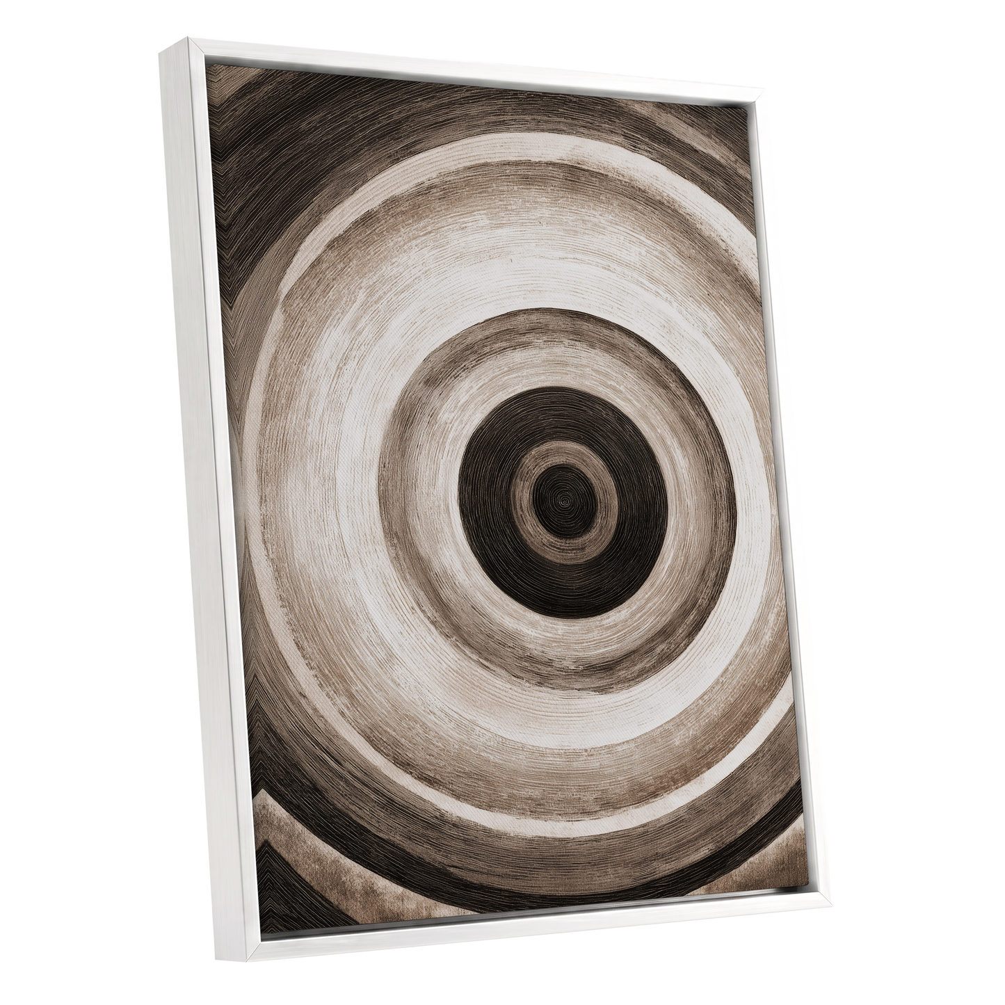 Concentric Stillness, black, brown, beige abstract wall art shown as a white framed canvas wall art