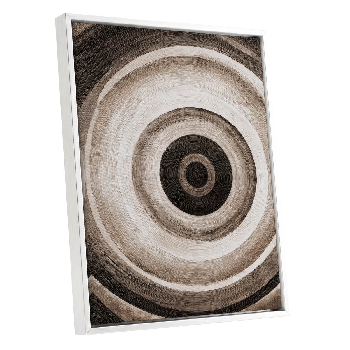 Concentric Stillness, black, brown, beige abstract wall art shown as a white framed canvas wall art