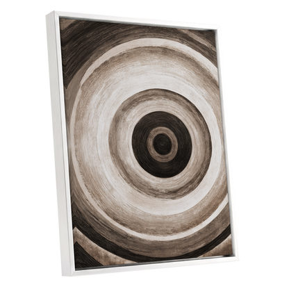 Concentric Stillness, black, brown, beige abstract wall art shown as a white framed canvas wall art