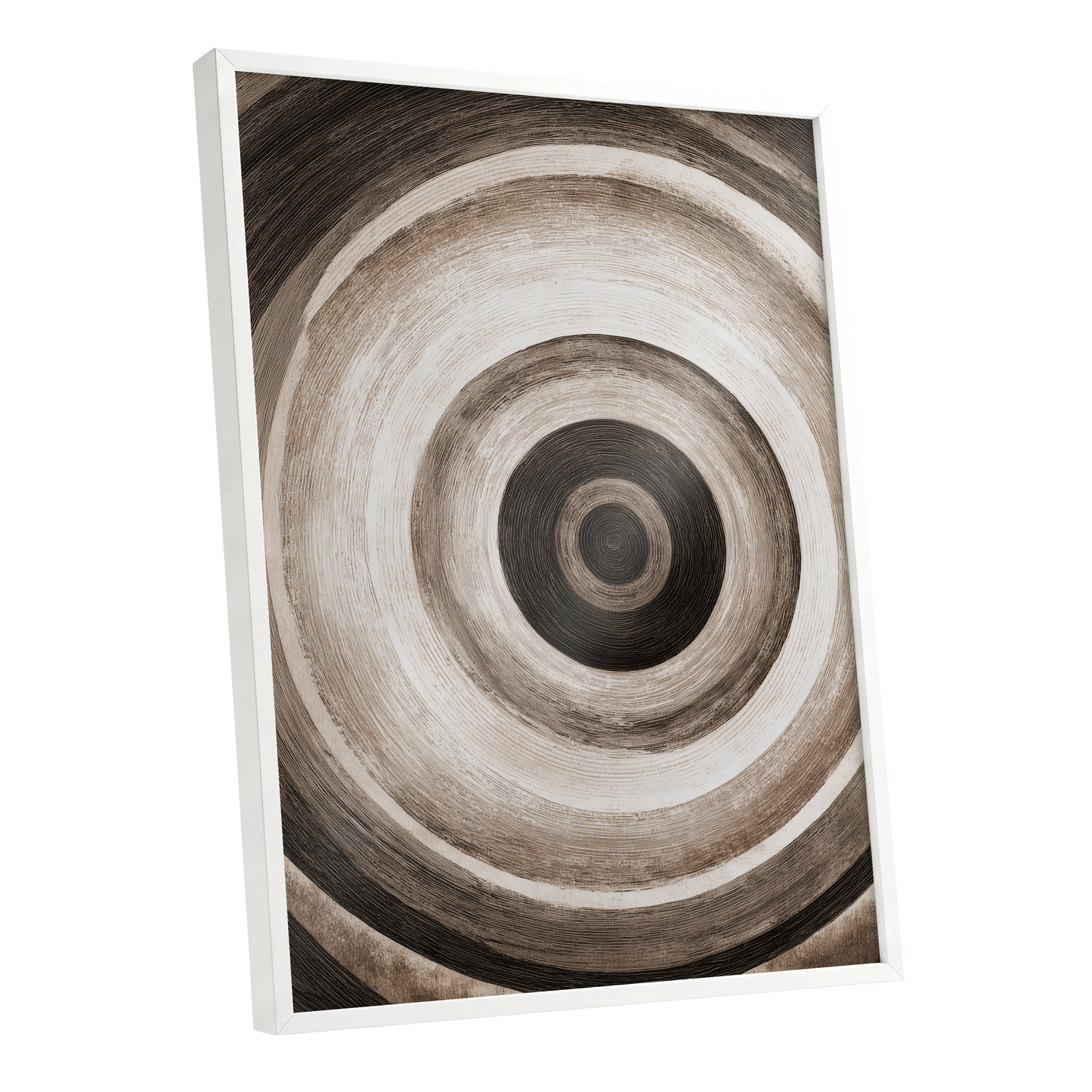 Concentric Stillness, black, brown, beige abstract wall art shown as a white framed poster wall art print