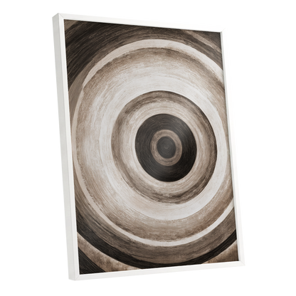 Concentric Stillness, black, brown, beige abstract wall art shown as a white framed poster wall art print