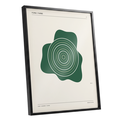 Concentric Verdure, green, beige abstract wall art shown as a black framed poster wall art print
