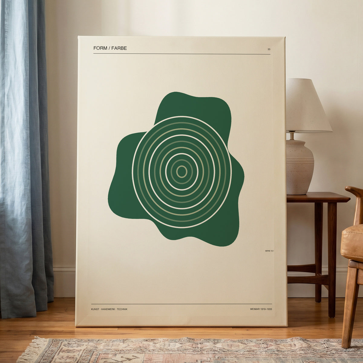 Concentric Verdure, green, beige abstract wall art on canvas displayed in a styled interior, gallery view 1