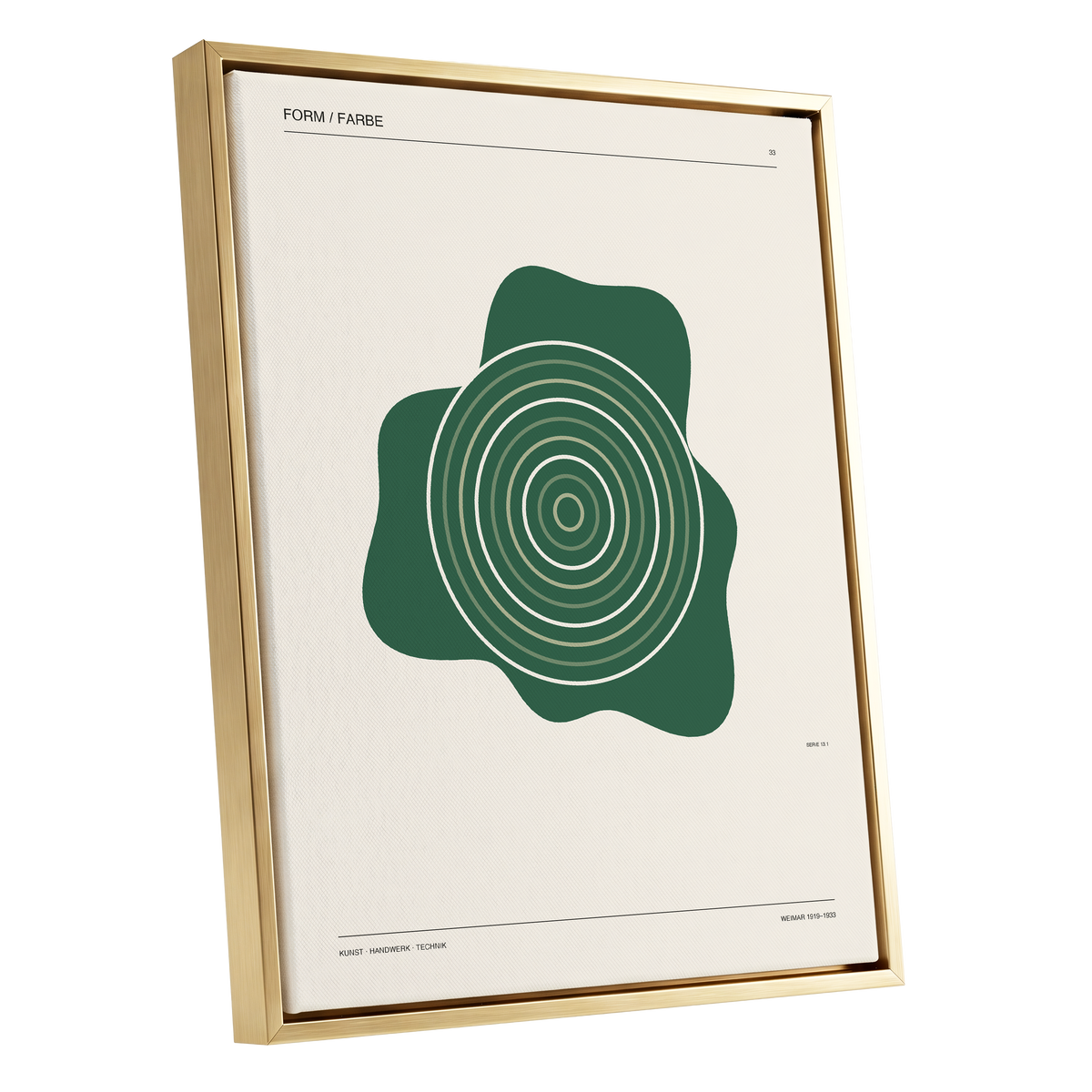 Concentric Verdure, green, beige abstract wall art shown as a gold framed canvas wall art