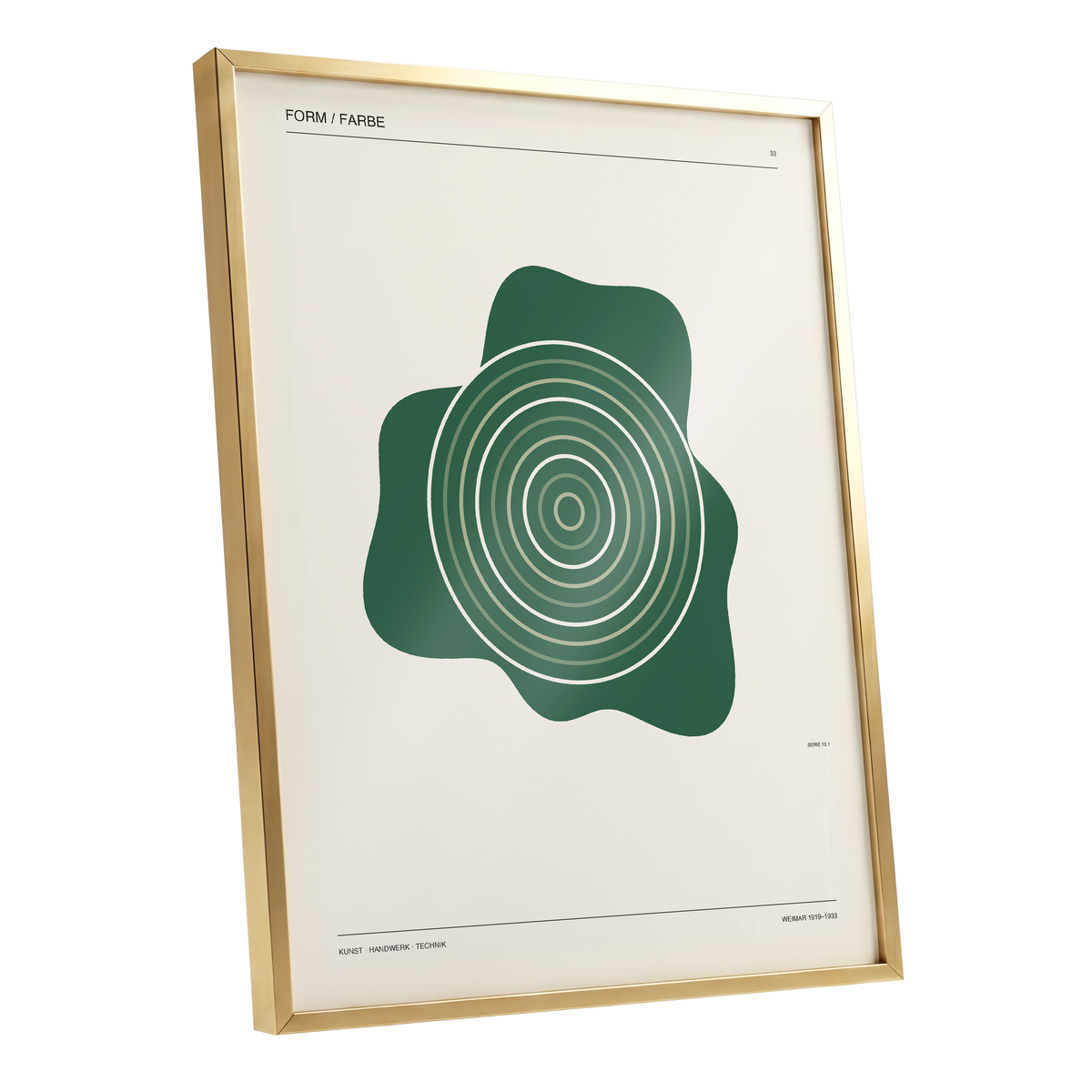 Concentric Verdure, green, beige abstract wall art shown as a gold framed poster wall art print