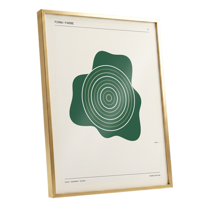 Concentric Verdure, green, beige abstract wall art shown as a gold framed poster wall art print