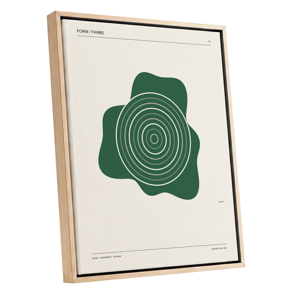 Concentric Verdure, green, beige abstract wall art shown as a oak framed canvas wall art