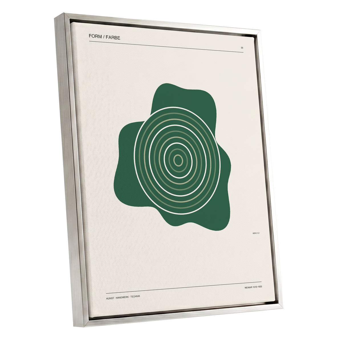 Concentric Verdure, green, beige abstract wall art shown as a silver framed canvas wall art