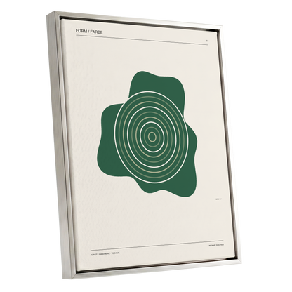 Concentric Verdure, green, beige abstract wall art shown as a silver framed canvas wall art