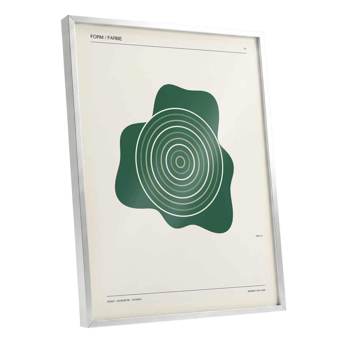 Concentric Verdure, green, beige abstract wall art shown as a silver framed poster wall art print