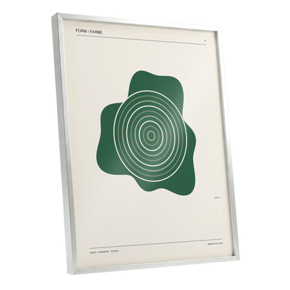Concentric Verdure, green, beige abstract wall art shown as a silver framed poster wall art print