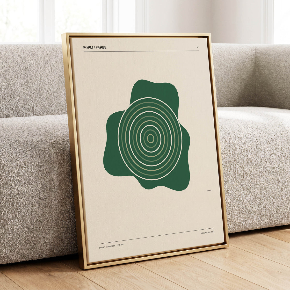 Concentric Verdure, green, beige abstract wall art displayed in a styled interior, gallery view 1