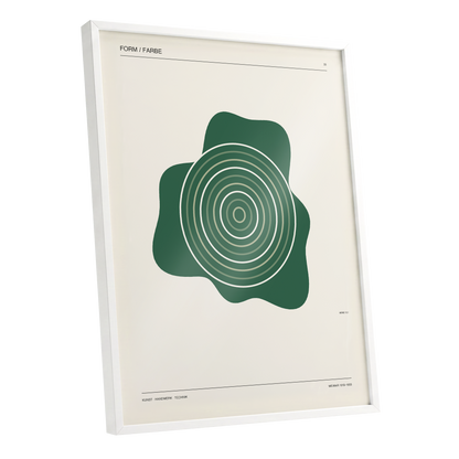 Concentric Verdure, green, beige abstract wall art shown as a white framed poster wall art print