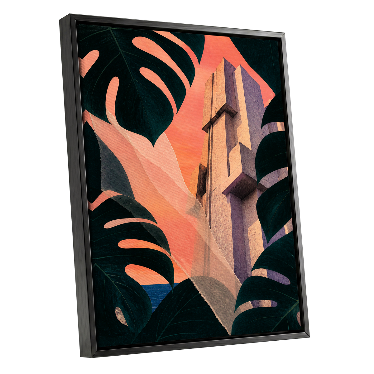 Concrete Canopy, green, black, orange abstract wall art shown as a black framed canvas wall art