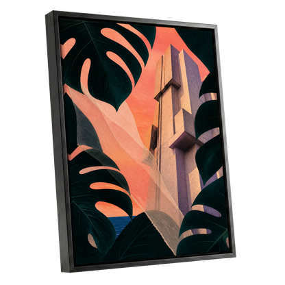 Concrete Canopy, green, black, orange abstract wall art shown as a black framed canvas wall art