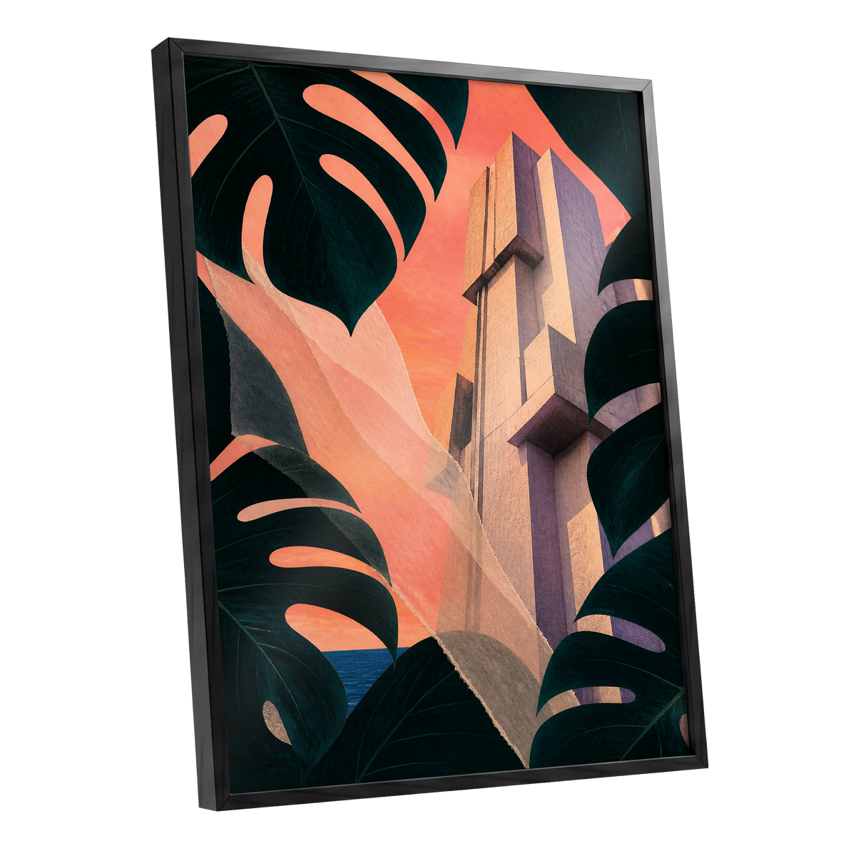 Concrete Canopy, green, black, orange abstract wall art shown as a black framed poster wall art print