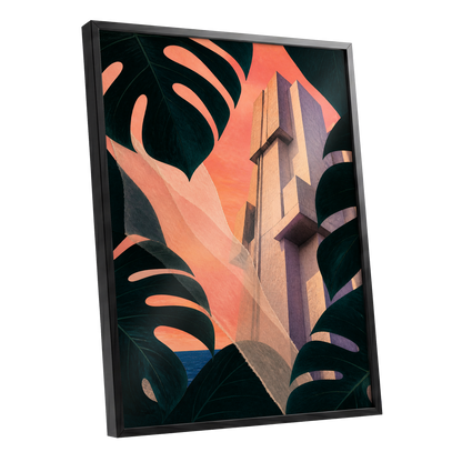 Concrete Canopy, green, black, orange abstract wall art shown as a black framed poster wall art print