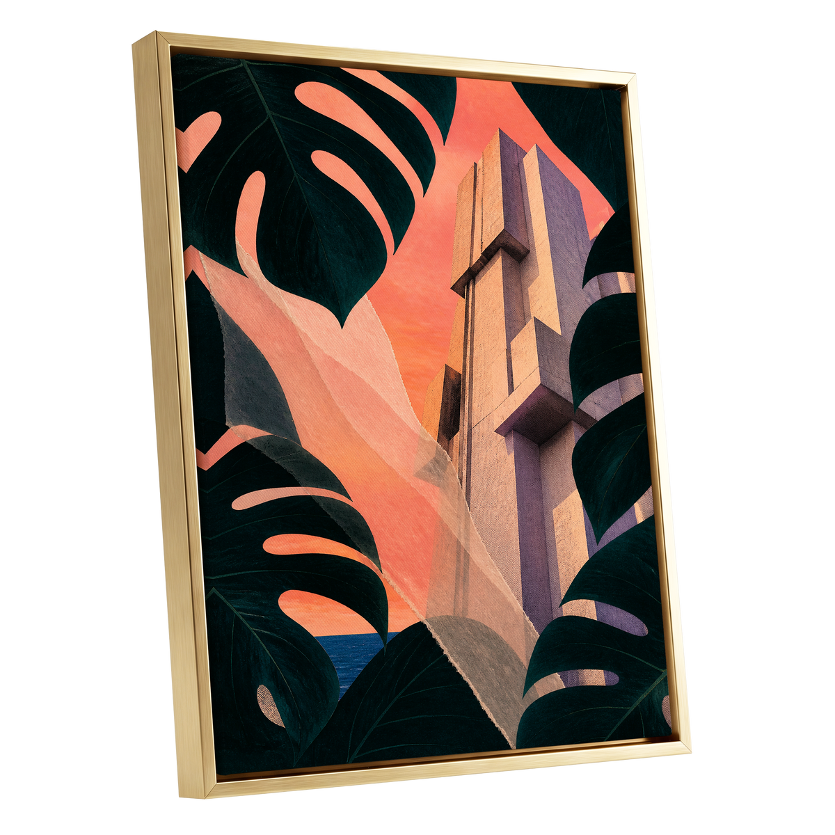 Concrete Canopy, green, black, orange abstract wall art shown as a gold framed canvas wall art