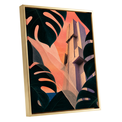 Concrete Canopy, green, black, orange abstract wall art shown as a gold framed canvas wall art