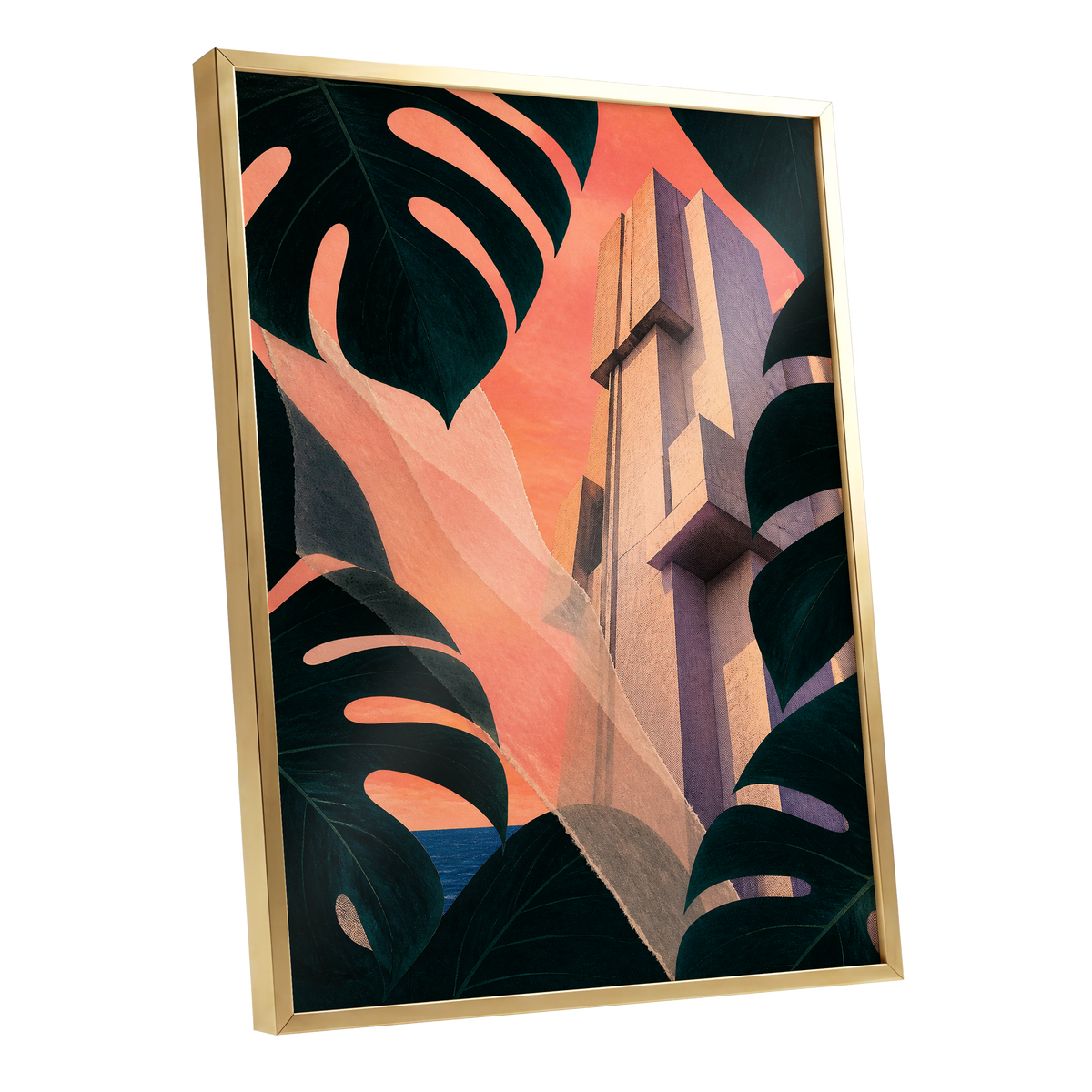 Concrete Canopy, green, black, orange abstract wall art shown as a gold framed poster wall art print