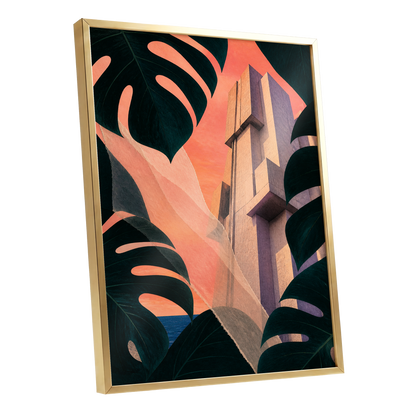 Concrete Canopy, green, black, orange abstract wall art shown as a gold framed poster wall art print