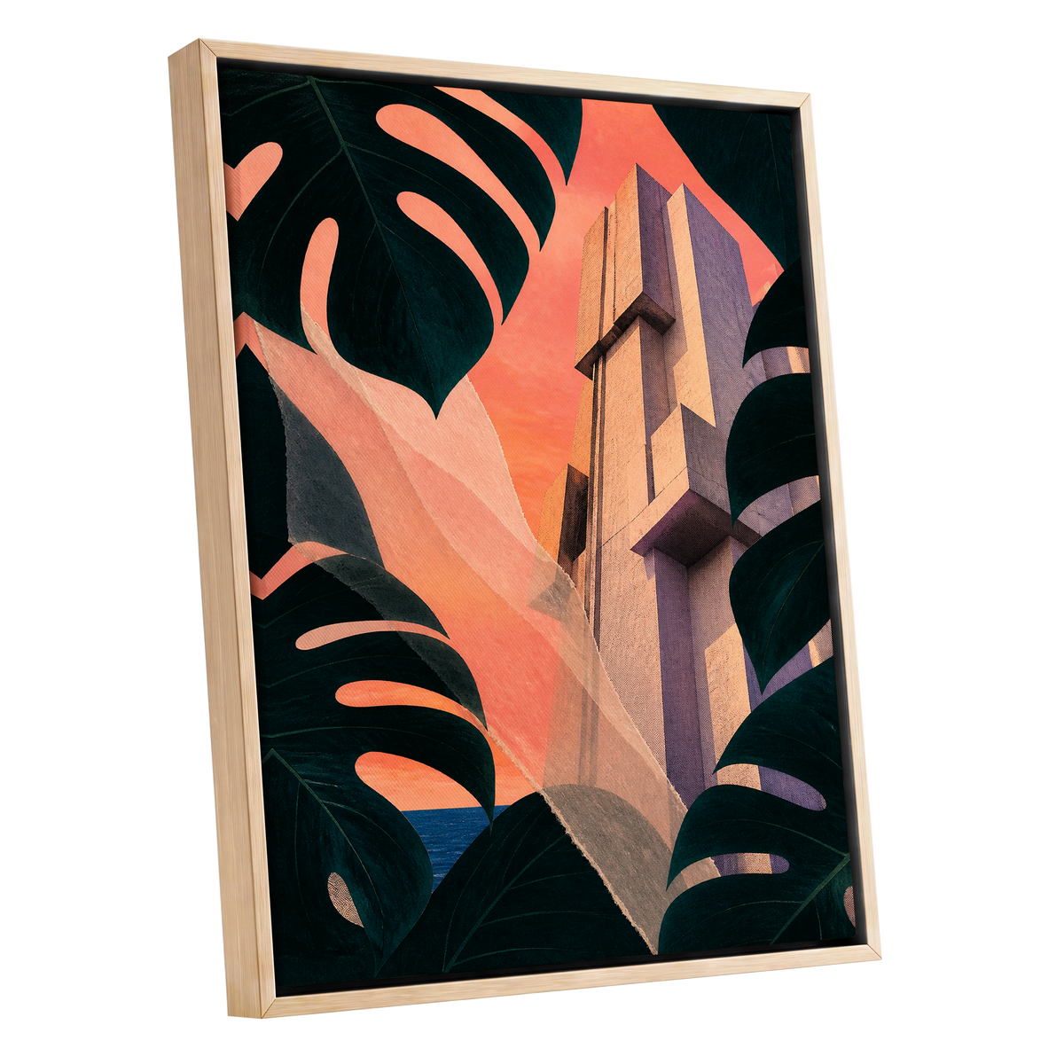 Concrete Canopy, green, black, orange abstract wall art shown as a oak framed canvas wall art