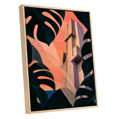 Concrete Canopy, green, black, orange abstract wall art shown as a oak framed canvas wall art