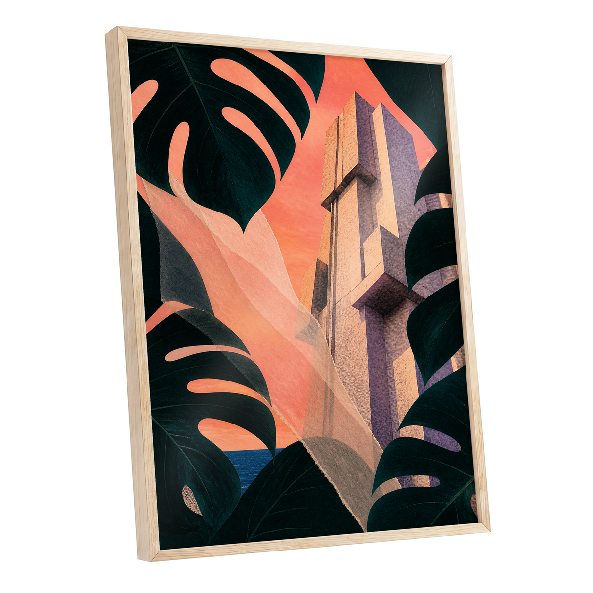 Concrete Canopy, green, black, orange abstract wall art shown as a oak framed poster wall art print