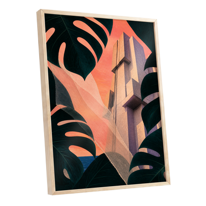 Concrete Canopy, green, black, orange abstract wall art shown as a oak framed poster wall art print