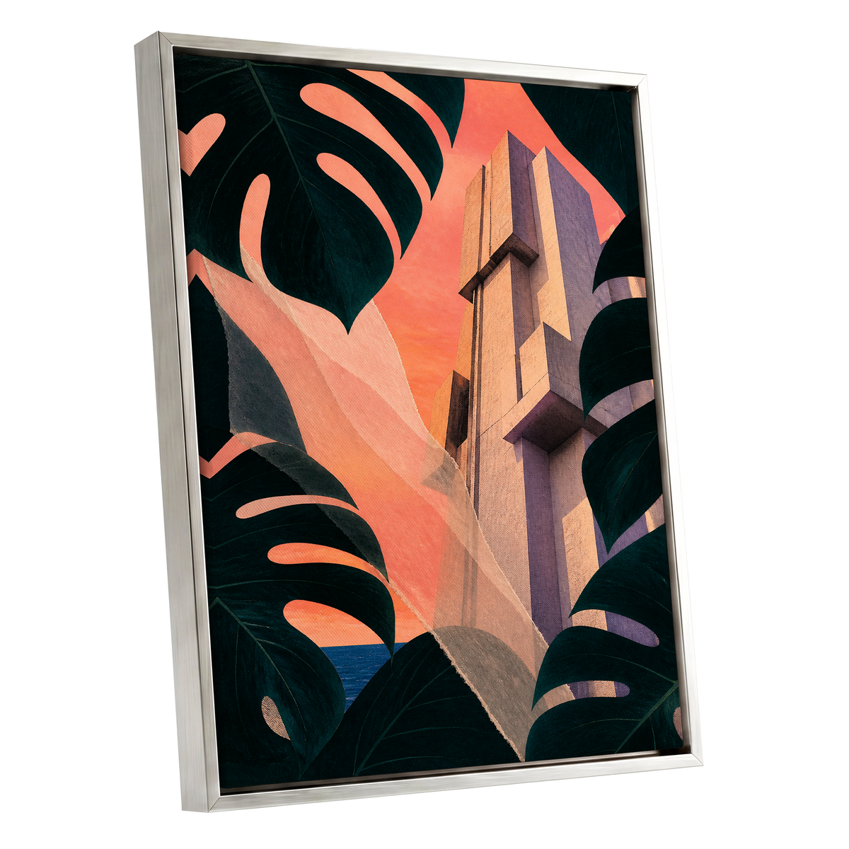 Concrete Canopy, green, black, orange abstract wall art shown as a silver framed canvas wall art