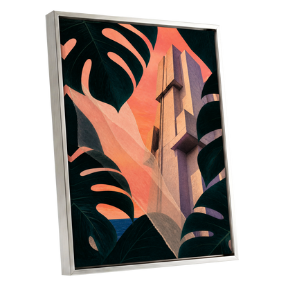 Concrete Canopy, green, black, orange abstract wall art shown as a silver framed canvas wall art