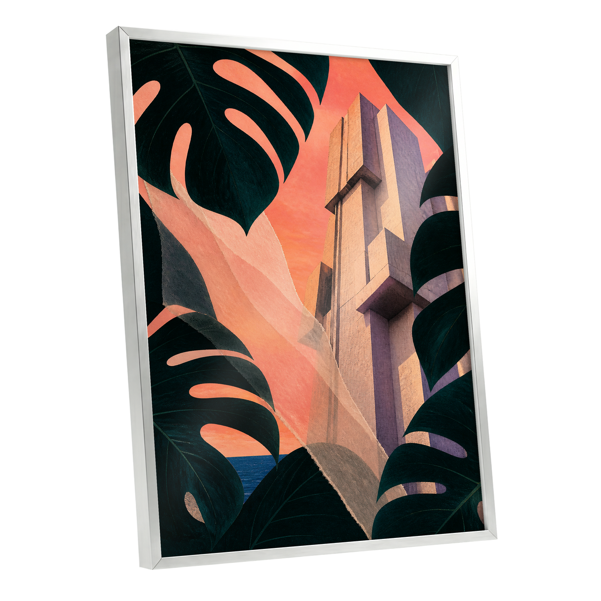 Concrete Canopy, green, black, orange abstract wall art shown as a silver framed poster wall art print