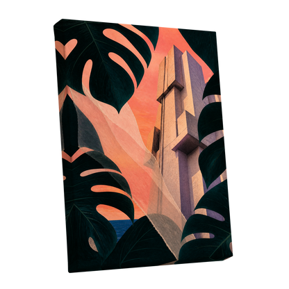 Concrete Canopy, green, black, orange abstract wall art shown as a stretched canvas wall art