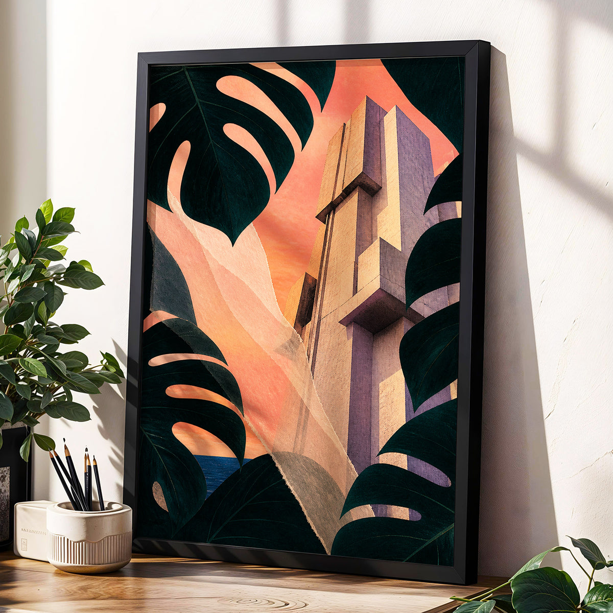 Concrete Canopy, green, black, orange abstract wall art displayed in a styled interior, gallery view 2