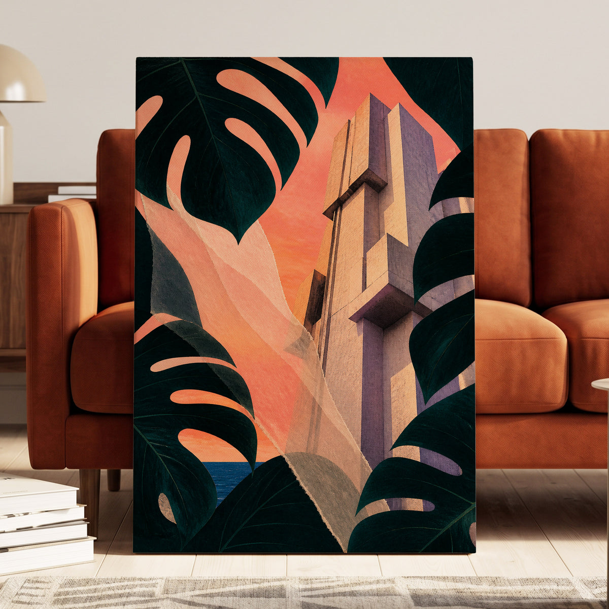 Concrete Canopy, green, black, orange abstract wall art displayed in a styled interior, gallery view 3
