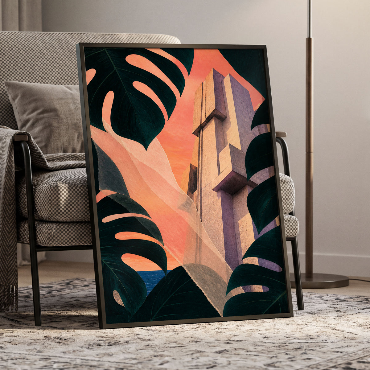 Concrete Canopy, green, black, orange abstract wall art displayed in a styled interior, gallery view 9