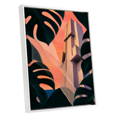 Concrete Canopy, green, black, orange abstract wall art shown as a white framed canvas wall art