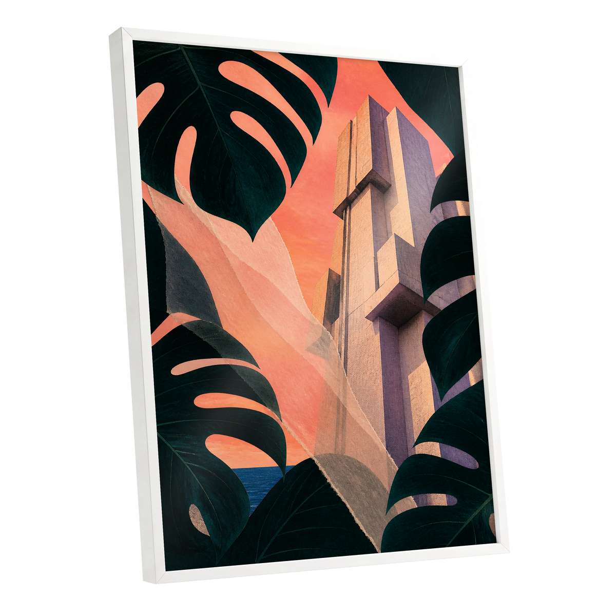 Concrete Canopy, green, black, orange abstract wall art shown as a white framed poster wall art print