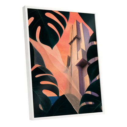 Concrete Canopy, green, black, orange abstract wall art shown as a white framed poster wall art print