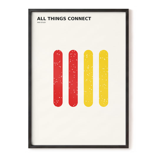 Connected Pairs, beige, red, yellow minimalist wall art, front artwork view