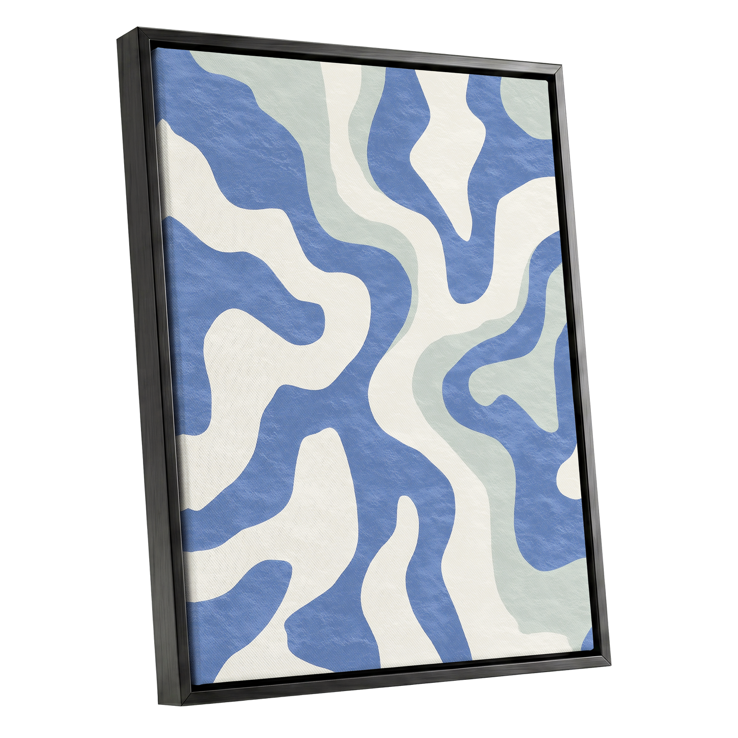 Contour Current, blue, white, green abstract wall art shown as a black framed canvas wall art