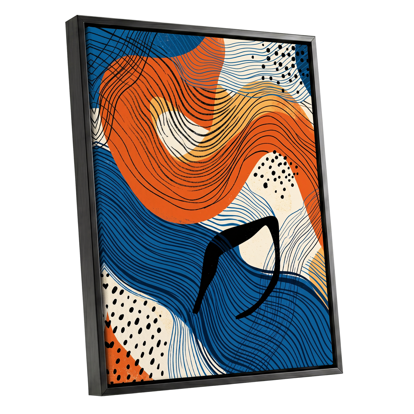 Contour Current, blue, orange, beige abstract wall art shown as a black framed canvas wall art