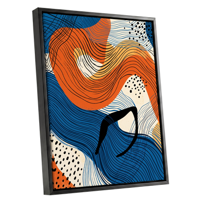 Contour Current, blue, orange, beige abstract wall art shown as a black framed canvas wall art