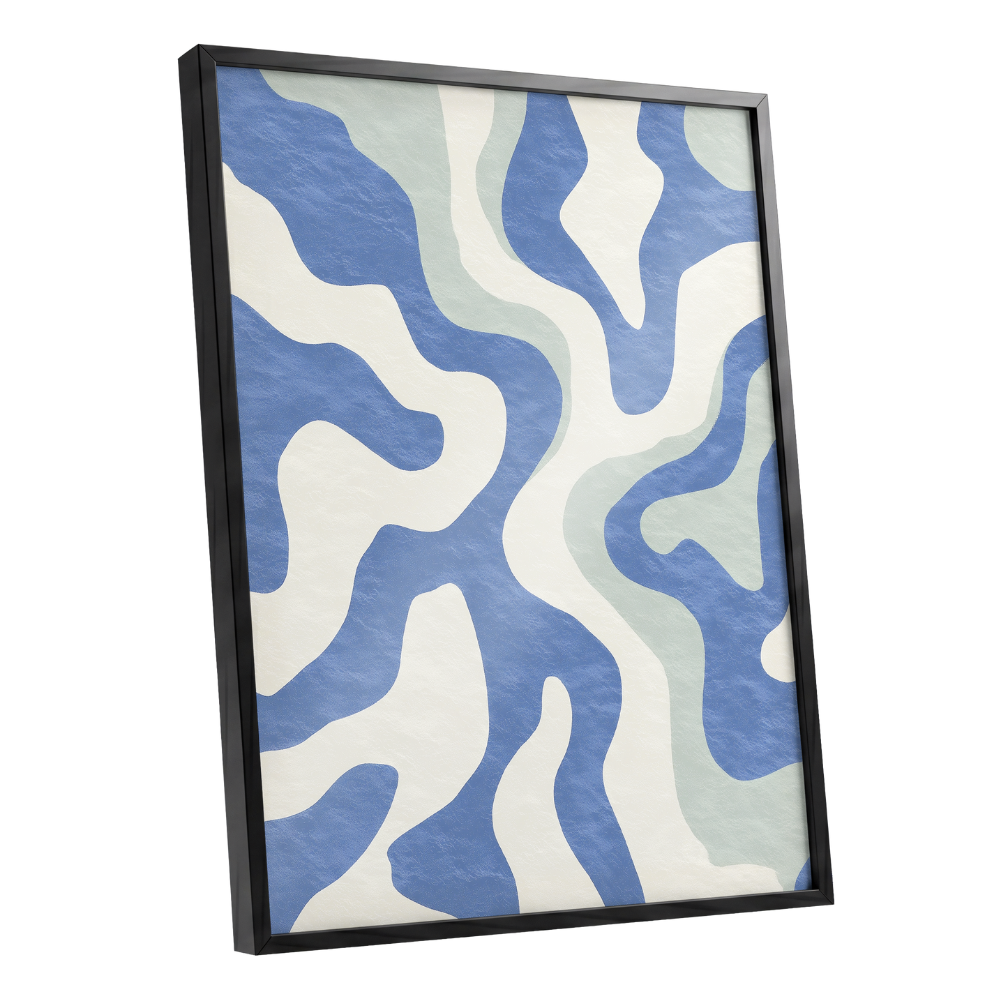 Contour Current, blue, white, green abstract wall art shown as a black framed poster wall art print