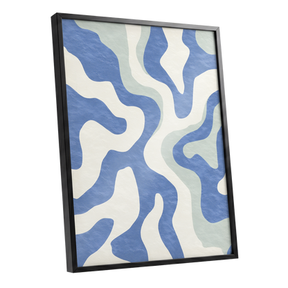 Contour Current, blue, white, green abstract wall art shown as a black framed poster wall art print