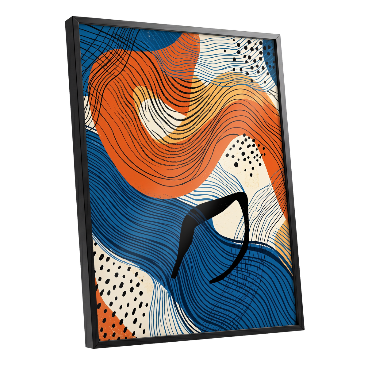 Contour Current, blue, orange, beige abstract wall art shown as a black framed poster wall art print